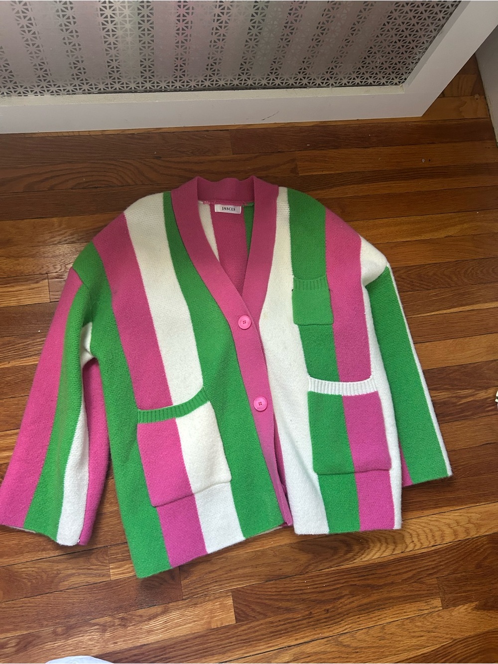 Striped Pink, Green & White V-Neck Cardigan Sweater